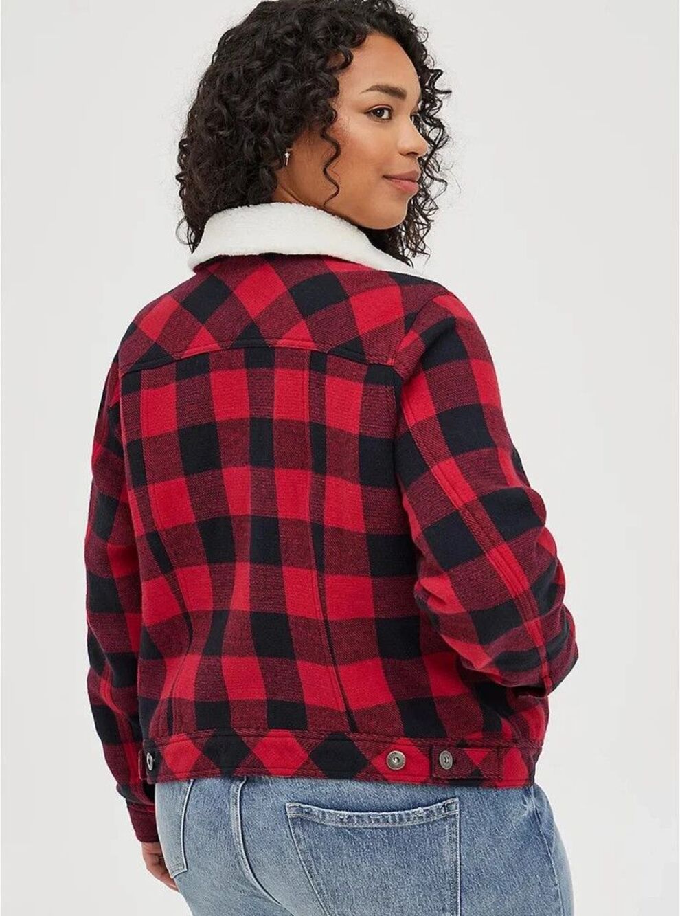 TORRID Buffalo Plaid Moto/Trucker Jacket Womens 2XL Red Cropped Coat 100% Cotton - Picture 4 of 9